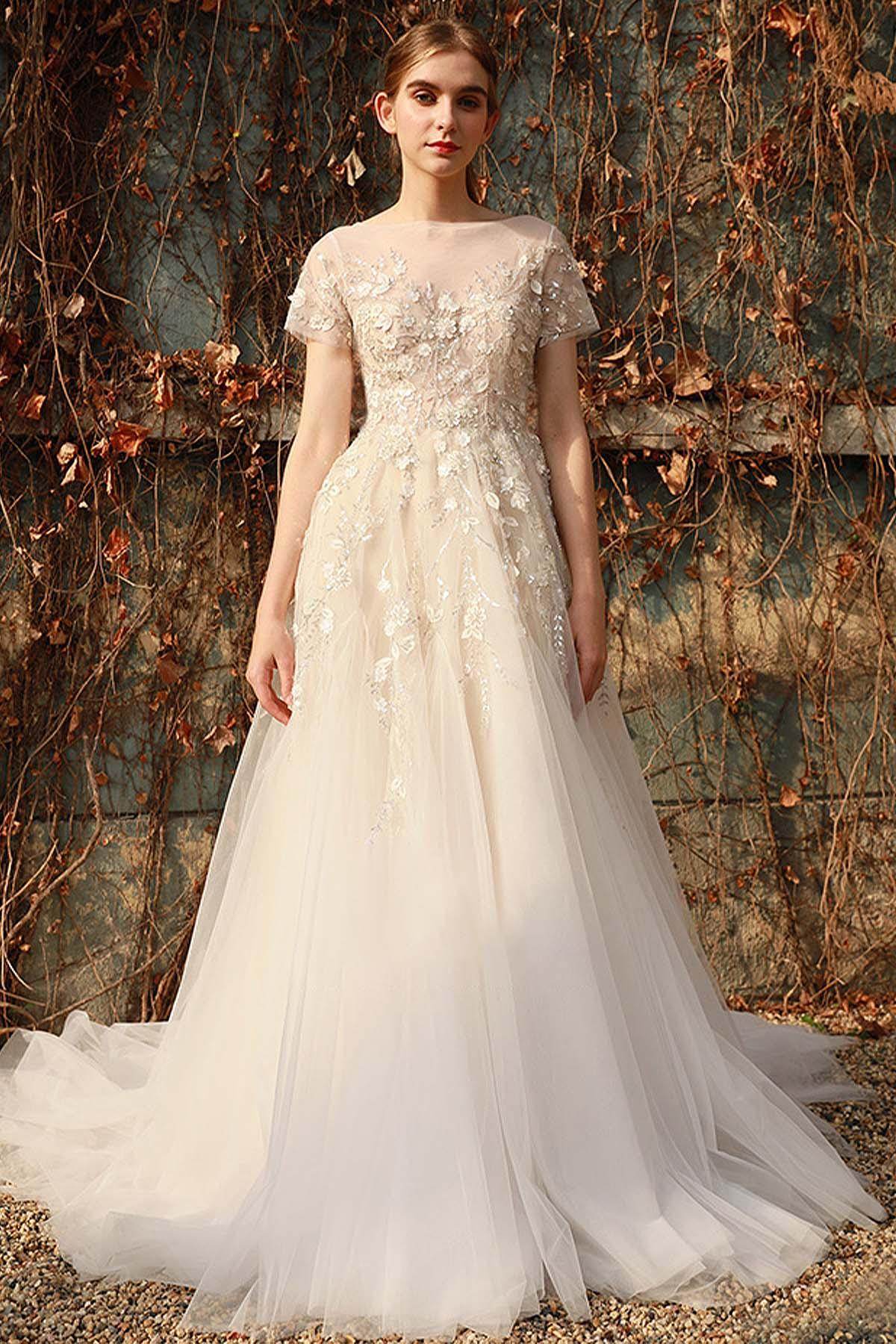 A-Line Sweep-Brush Train Lace Tulle Wedding Dress CW3026 - COCOMELODY